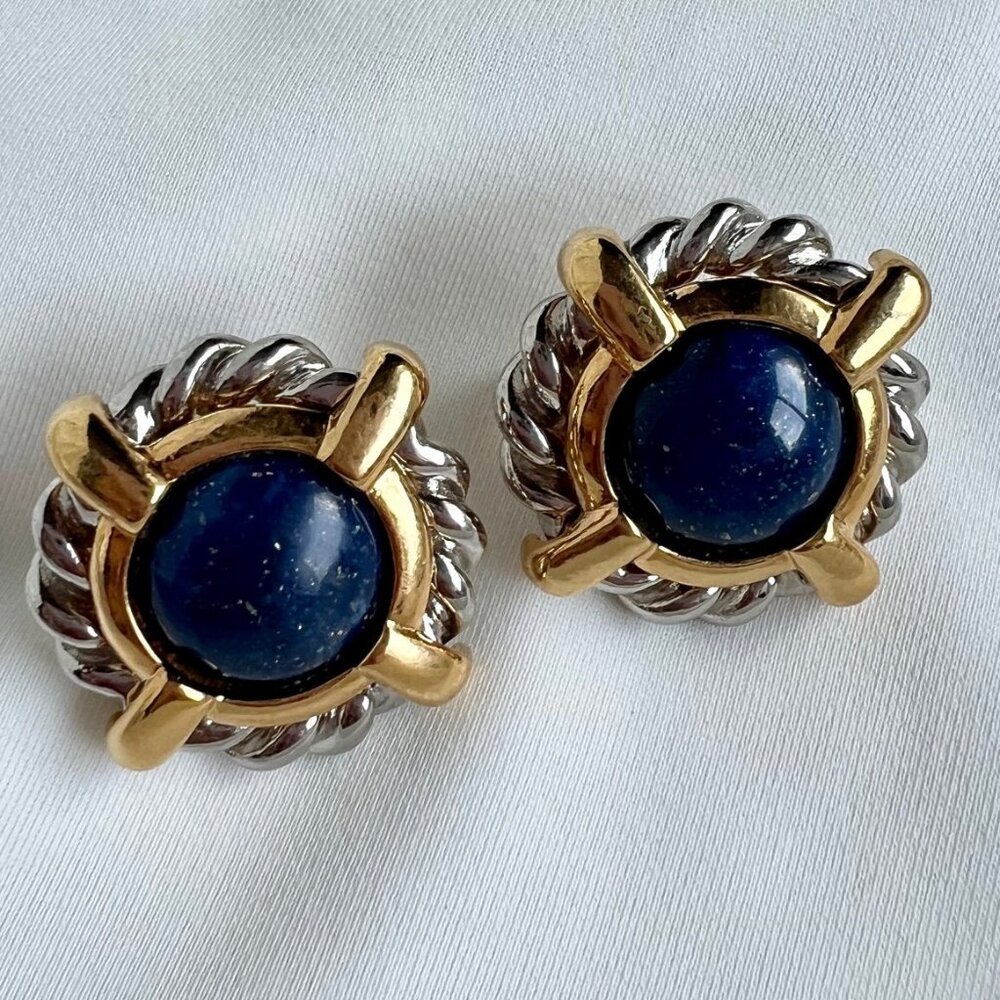 Two Toned Gold and Silver Metal Navy Blue Nautical Style Clip On Earrings